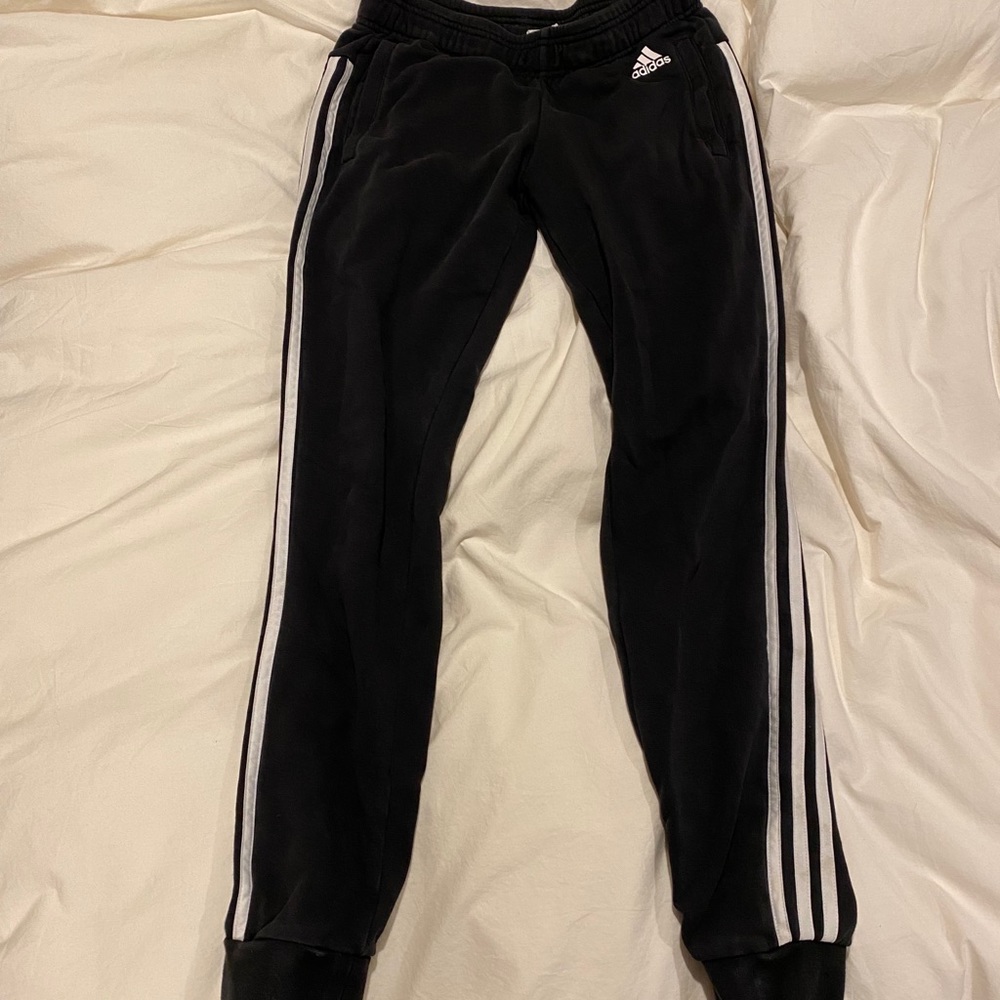 Adidas black joggers with three stripes